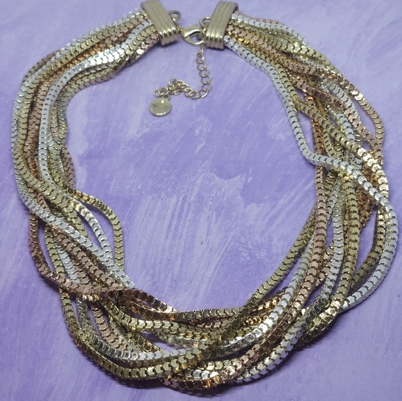 Vintage Alfani Box Chain Necklace Multi Chain Triple Metal Tone - Picture 2 of 8